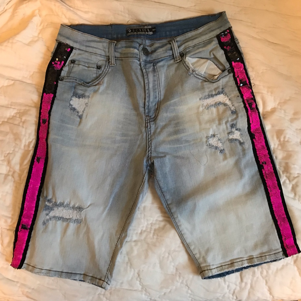 Decibel Pink Sequin Denim Jean Shorts